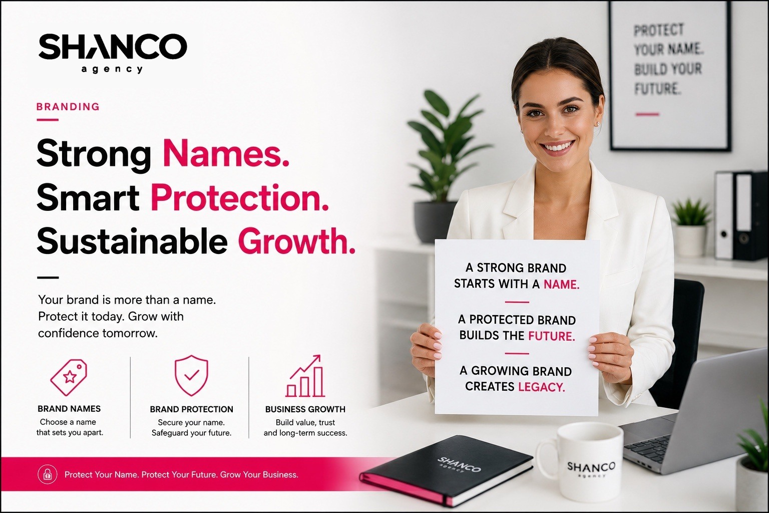 SHANCO Agency branding guide showing strong brand names, smart brand protection and sustainable business growth