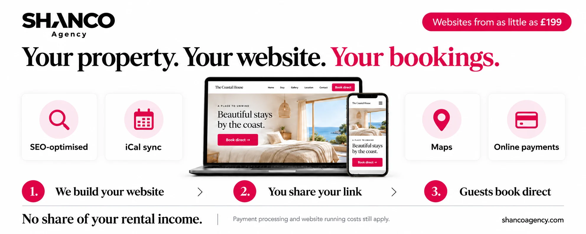 Short term rental direct booking websites from £199 SHANCO Agency short term rental direct booking websites from as little as £199: SEO-optimised, iCal sync, maps and online payments