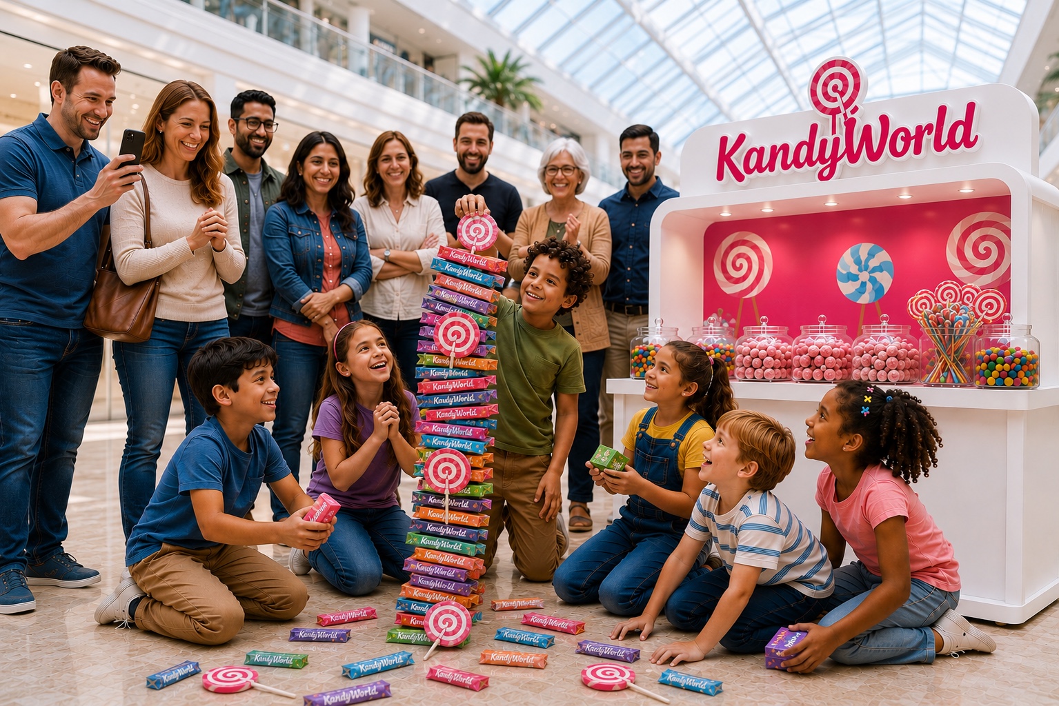 Children taking part in a KandyWorld experiential marketing campaign in a shopping centre while families watch